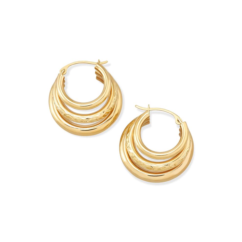 Triple Row Diamond-Cut Hoop Earrings in 10K Yellow Gold, 20x20mm – Image 2 of 2