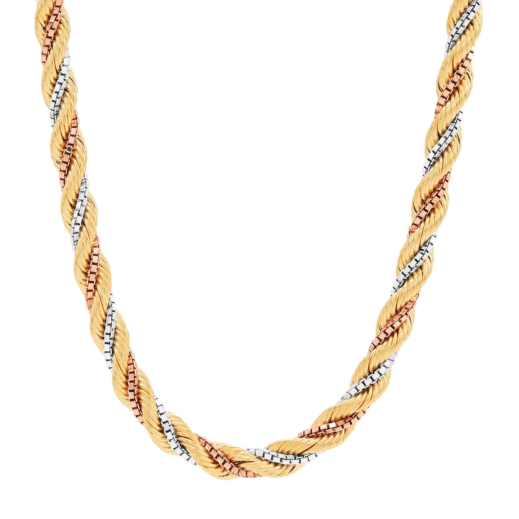 Silk Rope & Box Chain in 10K Tricolor Gold