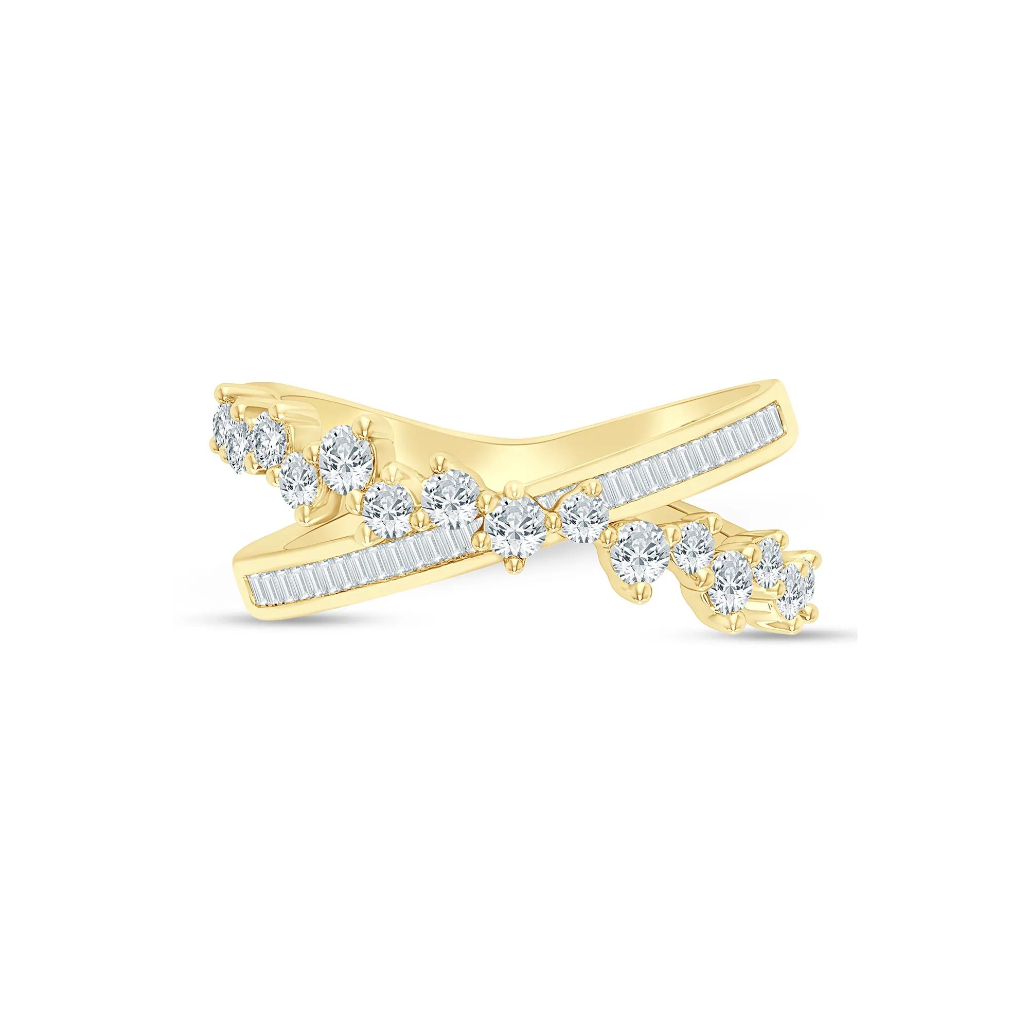 Round and Baguette Diamond Crossover Ring
