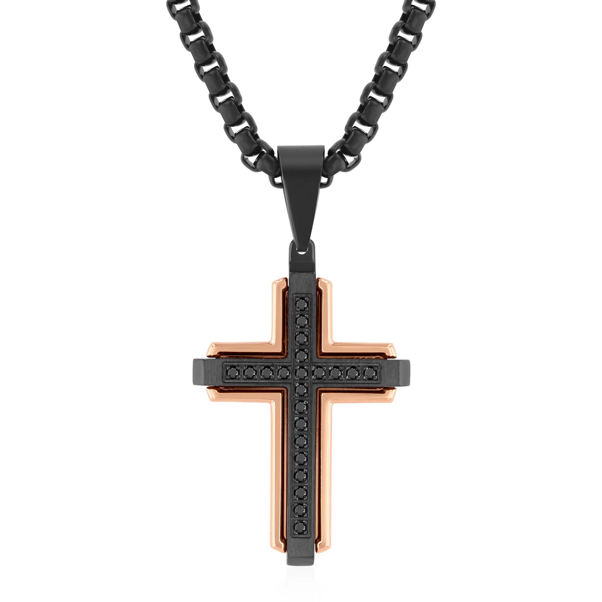 Black Diamond Cross Pendant in Black and Rose-Tone Ion-Plated
