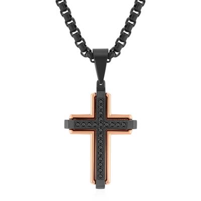 Black Diamond Cross Pendant in Black and Rose-Tone Ion-Plated Stainless Steel (1/7 ct. tw.)