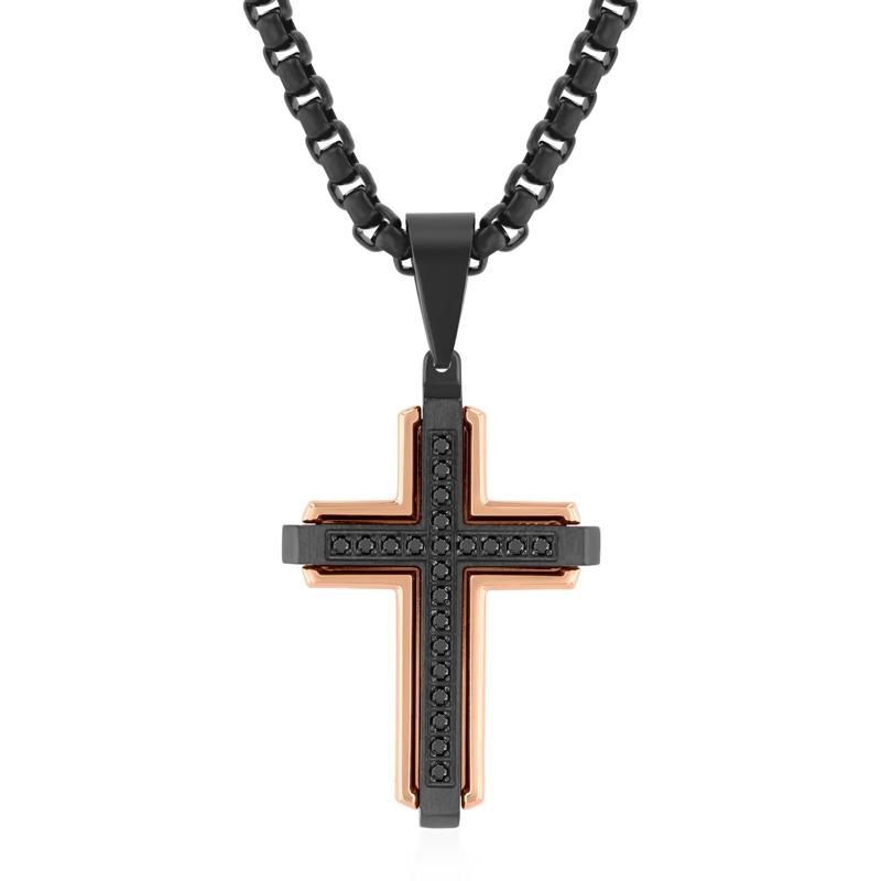 Black Diamond Cross Pendant in Black and Rose-Tone Ion-Plated Stainless Steel &#40;1/7 ct. tw.&#41; – Image 1 of 3
