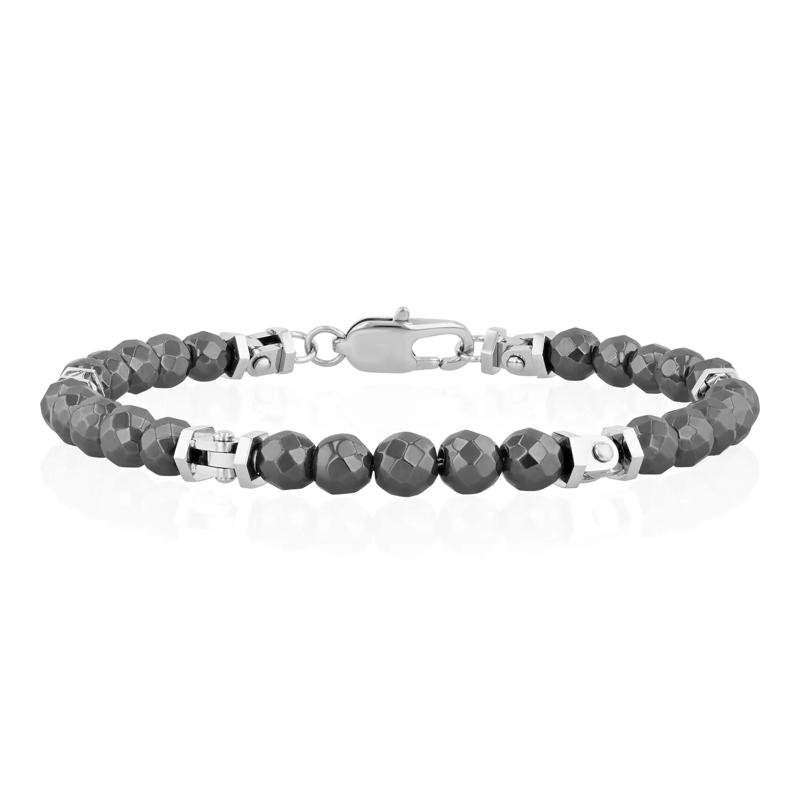 Men&#39;s Hematite Bead Rivet-Link Bracelet in Stainless Steel – Image 1 of 3