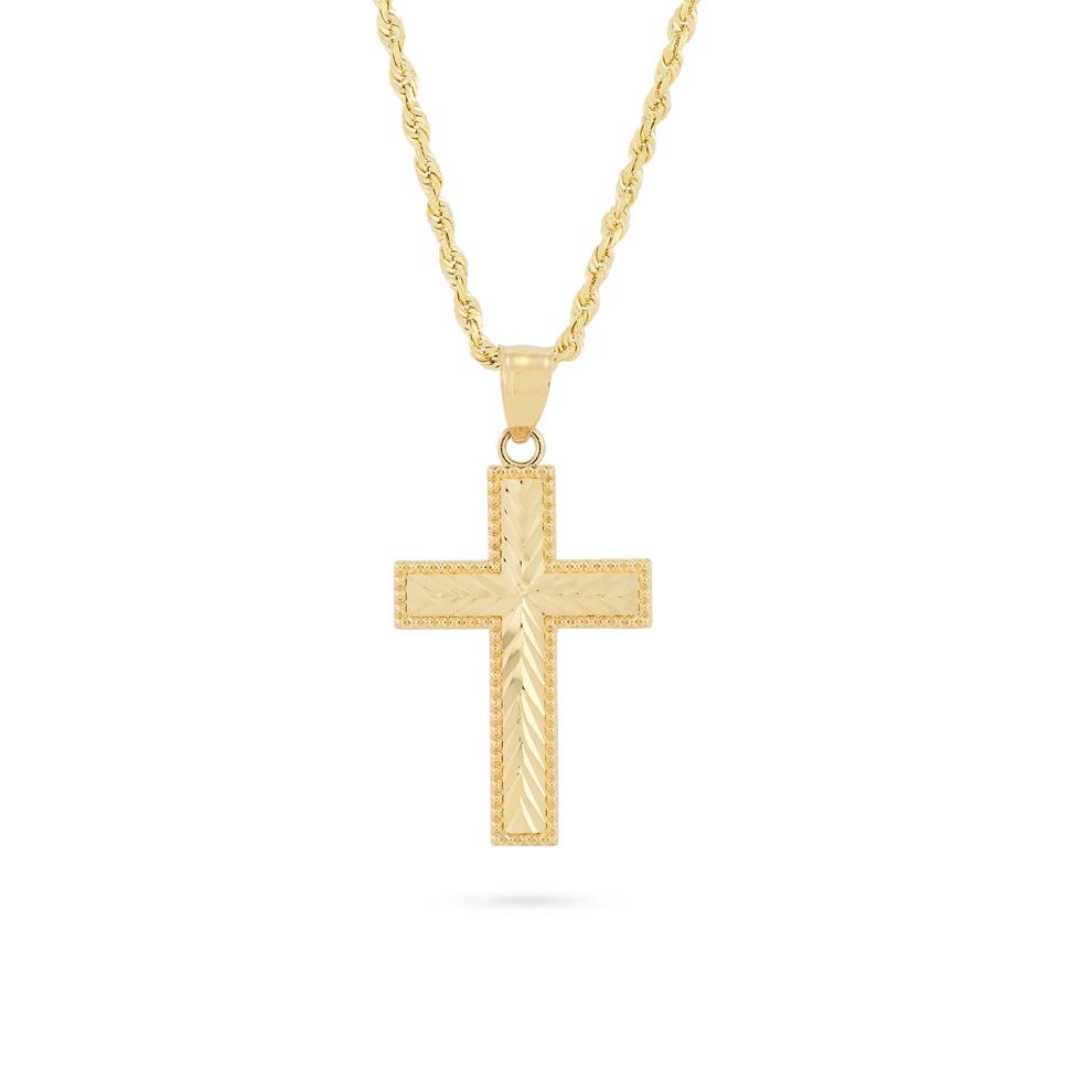 Chevron Beaded Cross Pendant Necklace in 10K Yellow Gold – Image 1 of 4