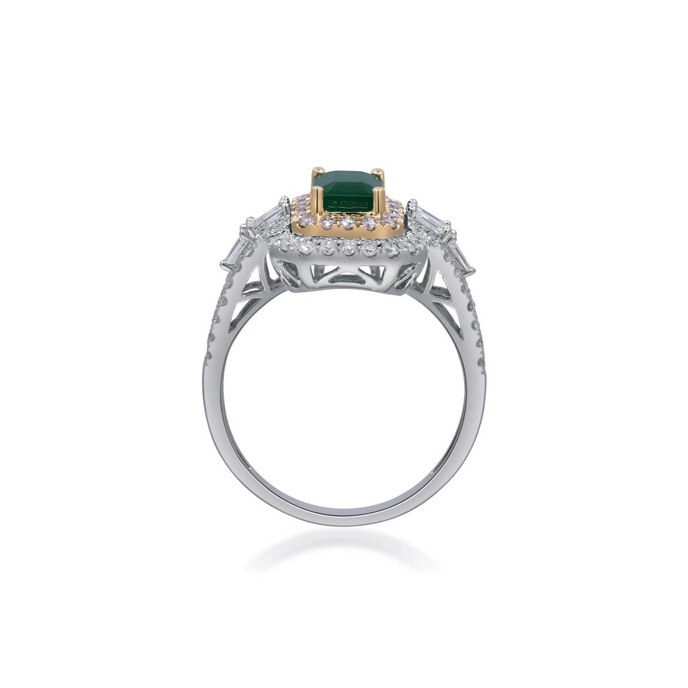 Emerald and Diamond Halo Ring in Two-Tone 14K White &amp; Yellow Gold (3/4 ct. tw.) – Image 2 of 5