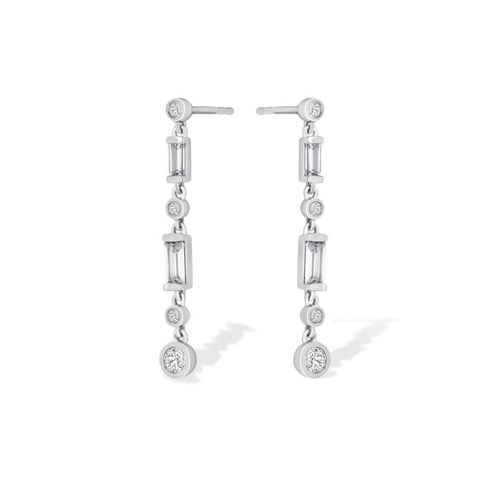 Lab Grown Diamond Baguette &amp; Round Linear Drop Earrings in 14K White Gold (1 ct. tw.) – Image 1 of 2