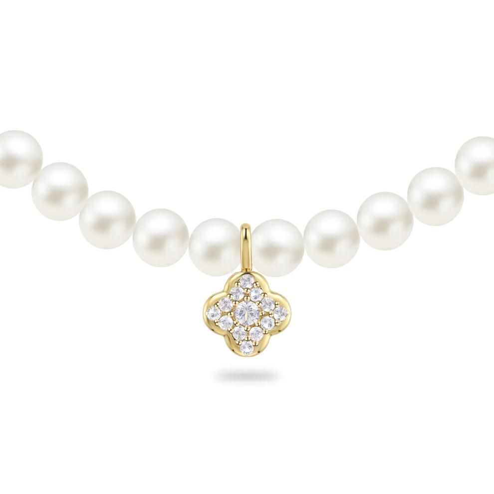 Freshwater Cultured Pearl Necklace With Diamond Clover Drop Pendant in 10K Yellow Gold (1/5 ct. tw.) – Image 1 of 4