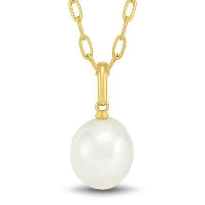 Baroque Shaped Pearl Paperclip Chain Pendant in 10K Yellow Gold