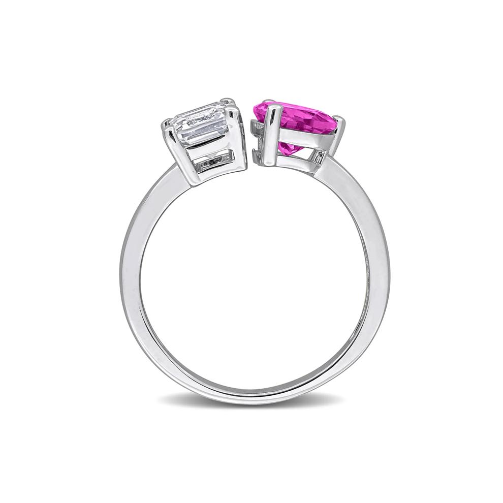 Lab-Created Pink Sapphire &amp; Lab-Created White Sapphire Toi et Moi Heart Ring in Sterling Silver – Image 2 of 6