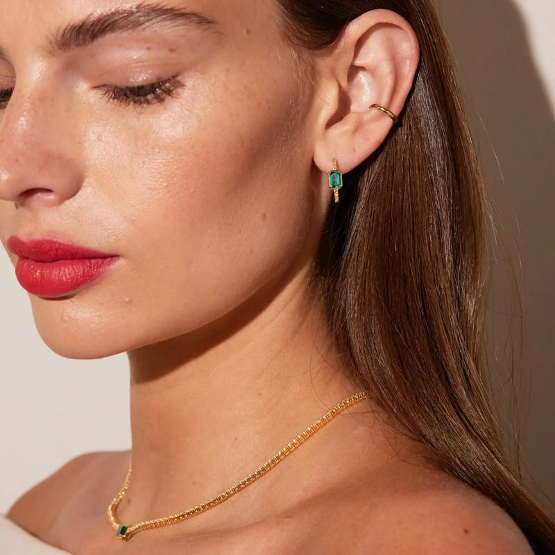 Lab-Created Emerald and White Sapphire Prong Hoops in Vermeil – Image 3 of 5