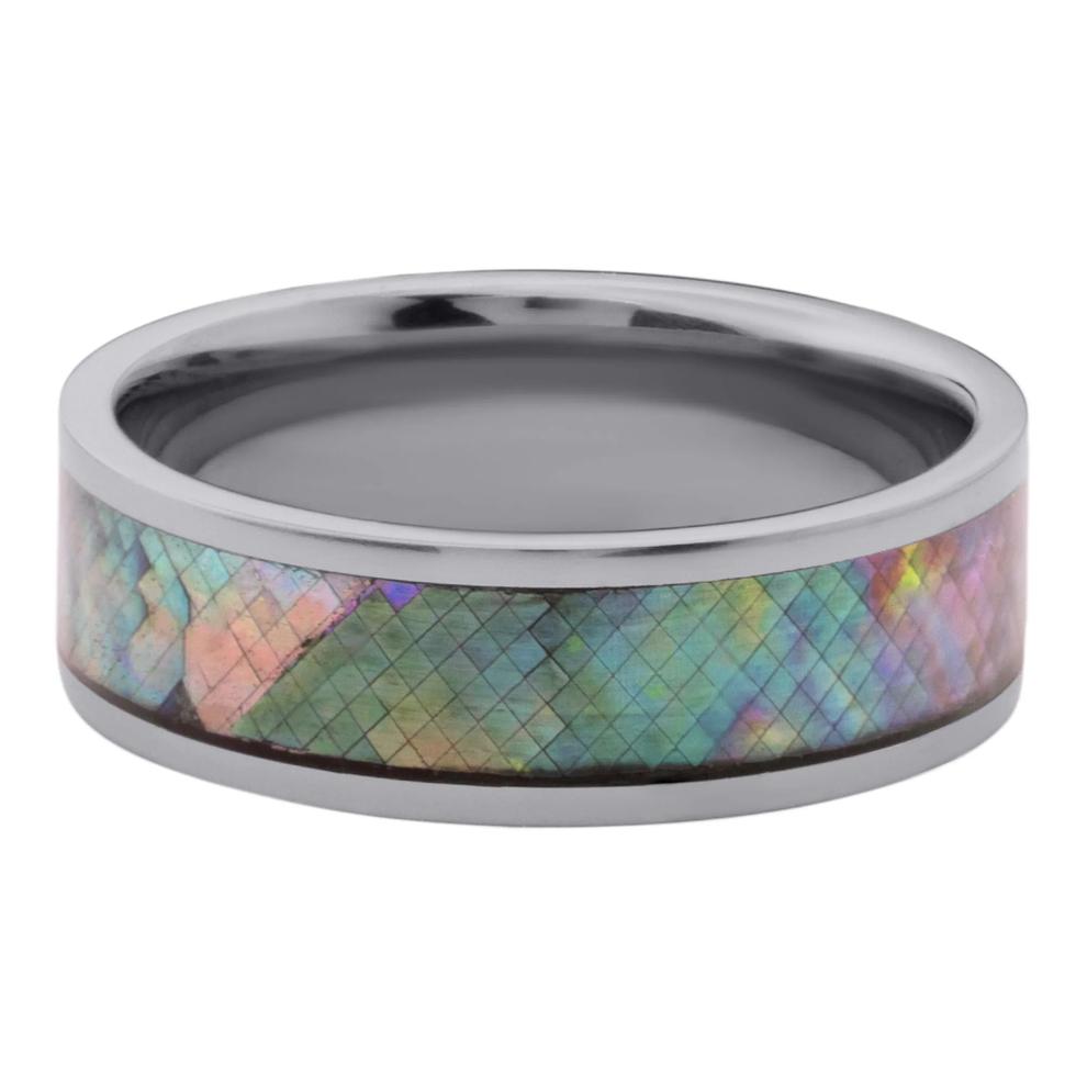 Men&rsquo;s Tantalum Wedding Band with Black Mother of Pearl Inlay, 7MM – Image 1 of 3