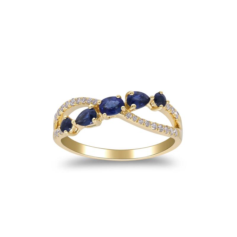 Blue Sapphire and Diamond Crossover Band in 10K Yellow Gold &#40;1/7 ct. tw.&#41; – Image 1 of 5