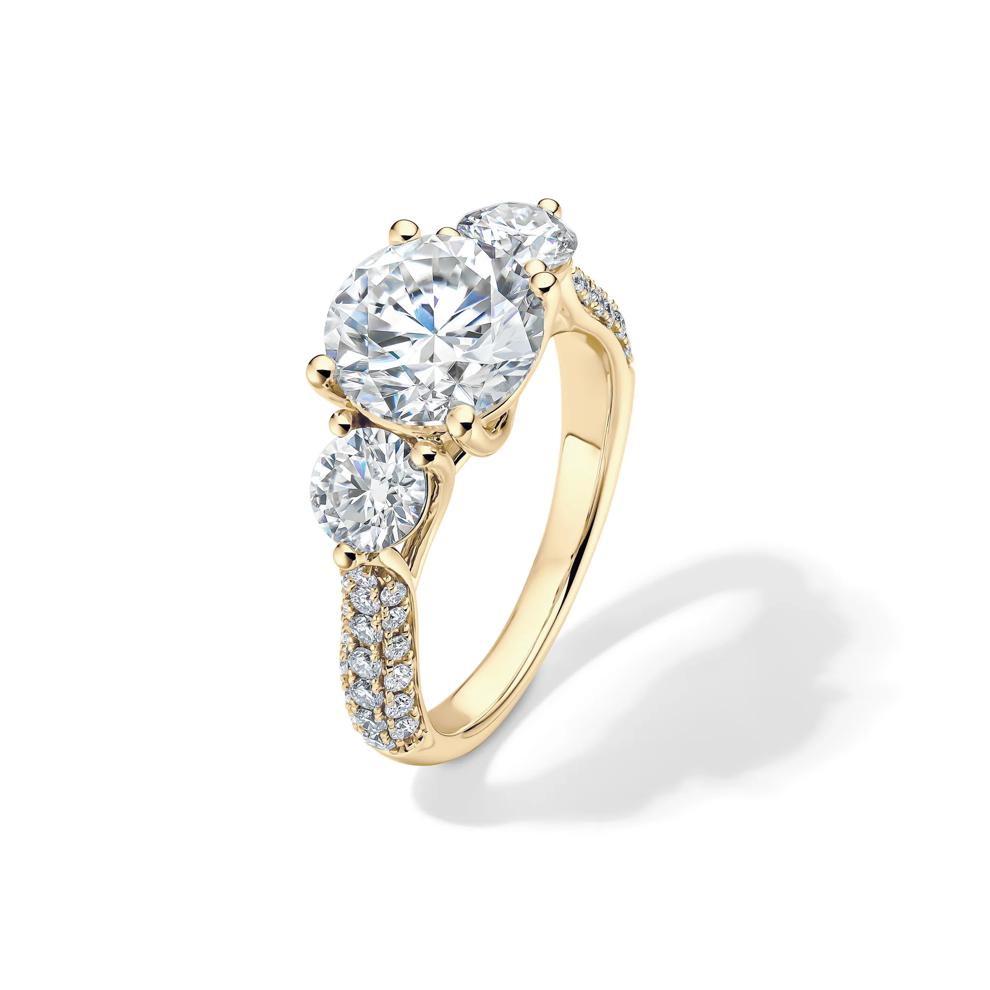 Lab-Created Moissanite Three-Stone Ring in 10K Yellow Gold (3 9/10 ct. dew) – Image 4 of 4
