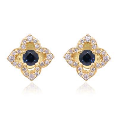 Blue Sapphire & Diamond Clover Stud Earrings in 10K Yellow Gold (1/7 ct. tw.)