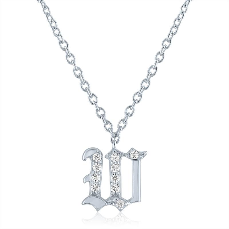 Diamond Accent Gothic Script W Initial Pendant in Sterling Silver  – Image 1 of 3