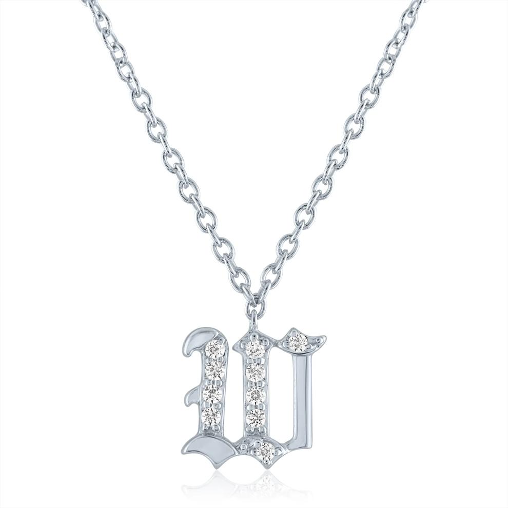 Diamond Accent Gothic Script W Initial Pendant in Sterling Silver  – Image 1 of 3