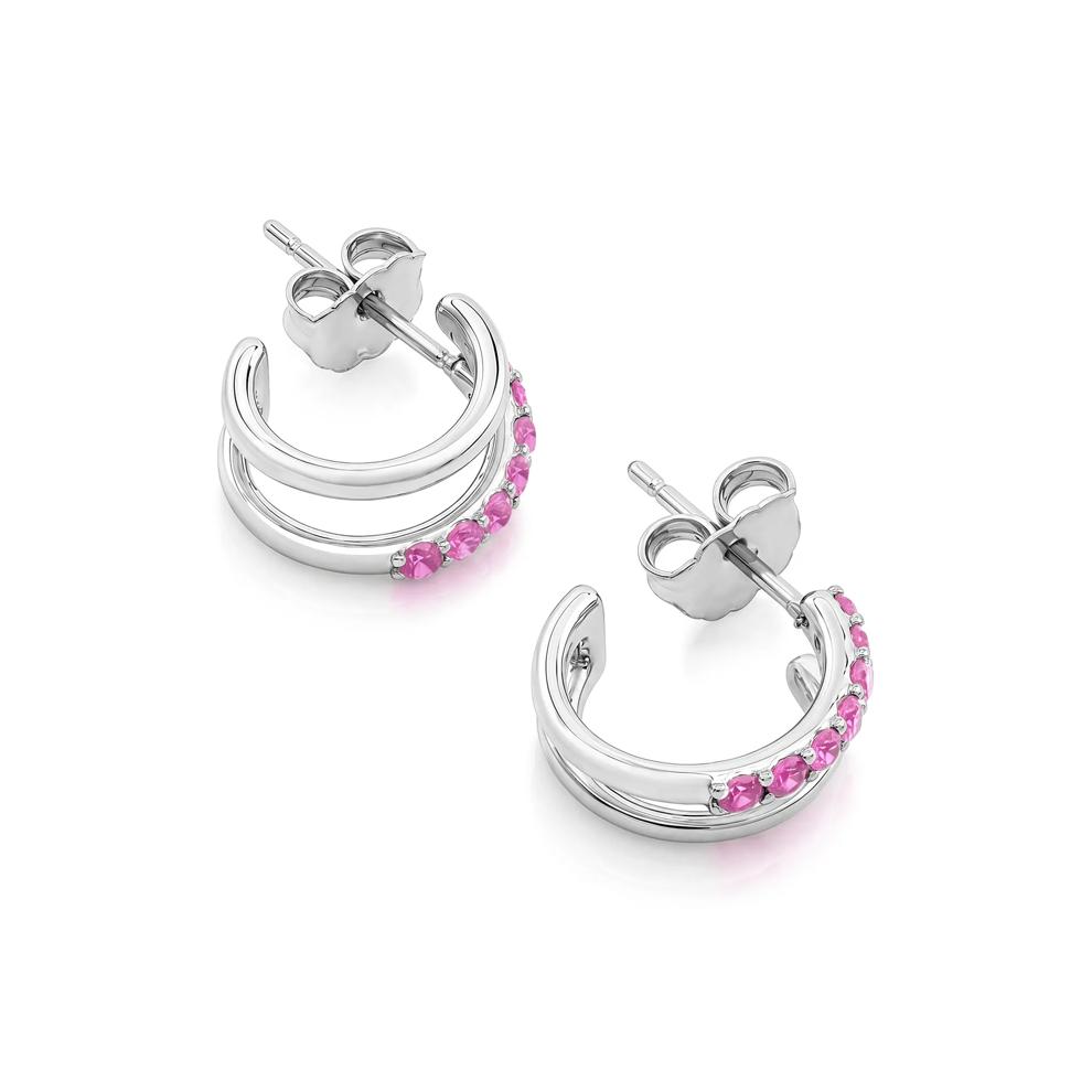 Lab-Created Pink Sapphire Double Row Huggie Hoop Earrings in Sterling Silver – Image 2 of 2