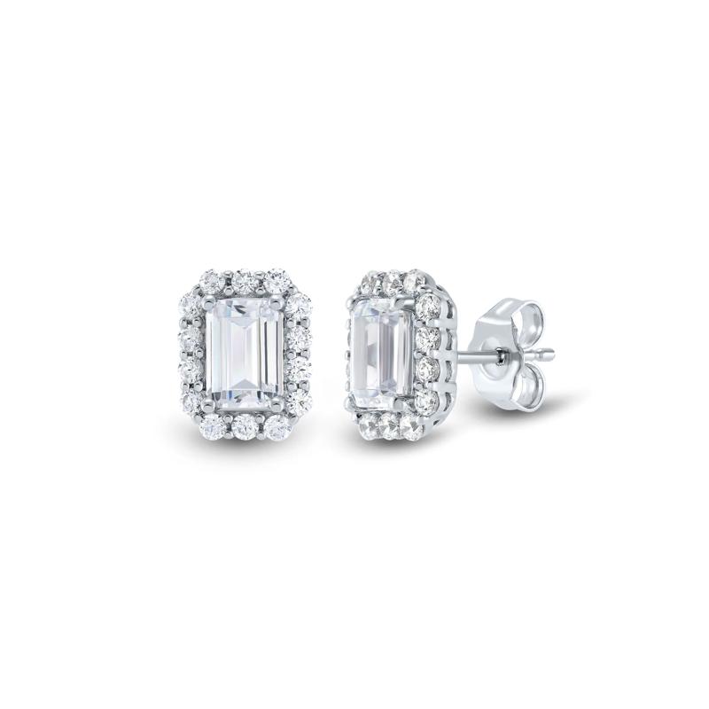 Lab Grown Diamond Emerald-Cut Halo Earrings in 10K White Gold &#40;2 ct. tw.&#41; – Image 1 of 2