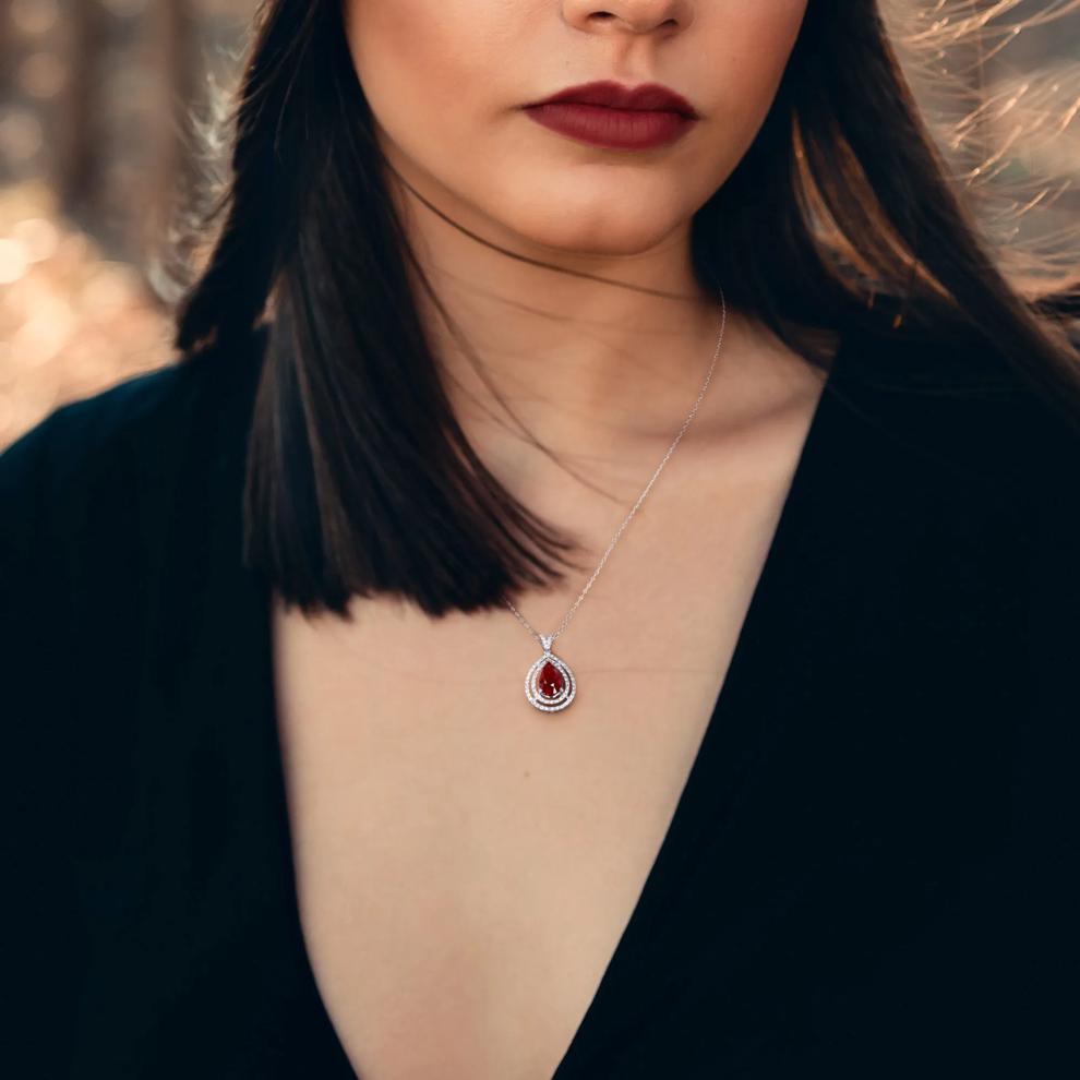 Ruby and Diamond Double Halo Pendant in 18K White Gold (1/4 ct. tw.) – Image 5 of 5