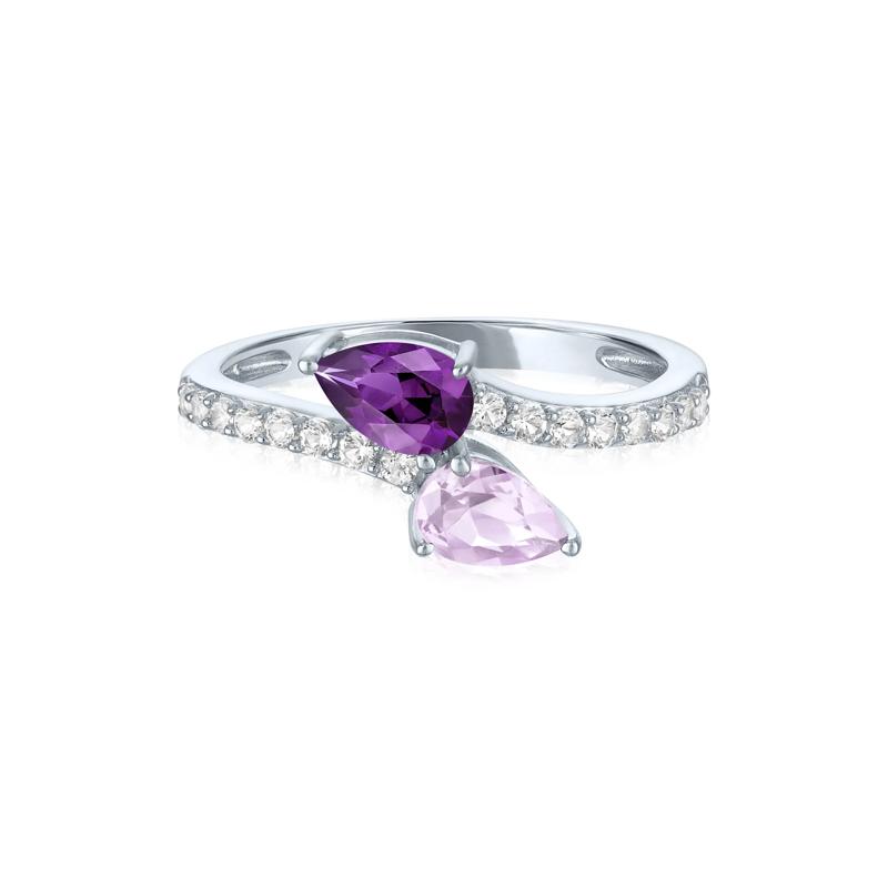 Bypass Ring with Purple and Pink Amethysts and Lab-Created White Sapphires in Sterling Silver – Image 1 of 3