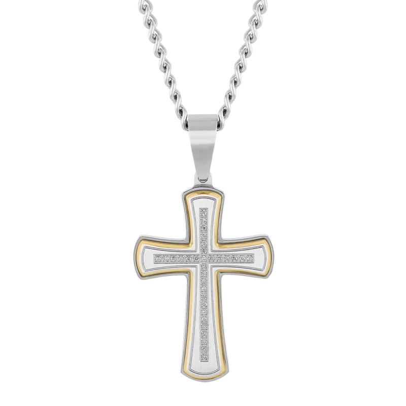 Diamond Cross Pendant in Stainless Steel and Yellow Ion-Plated Stainless Steel – Image 1 of 4