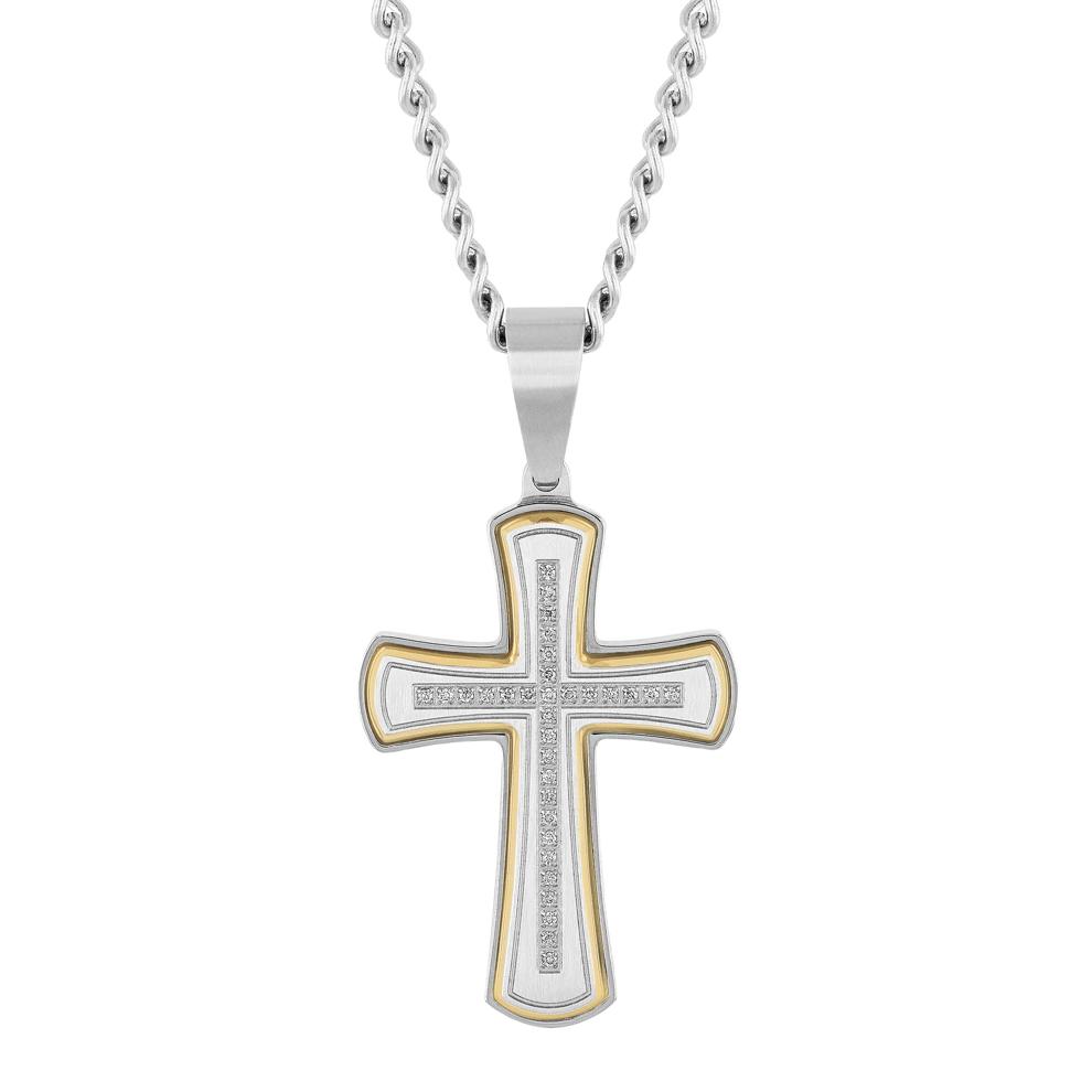 Diamond Cross Pendant in Stainless Steel and Yellow Ion-Plated Stainless Steel – Image 1 of 4