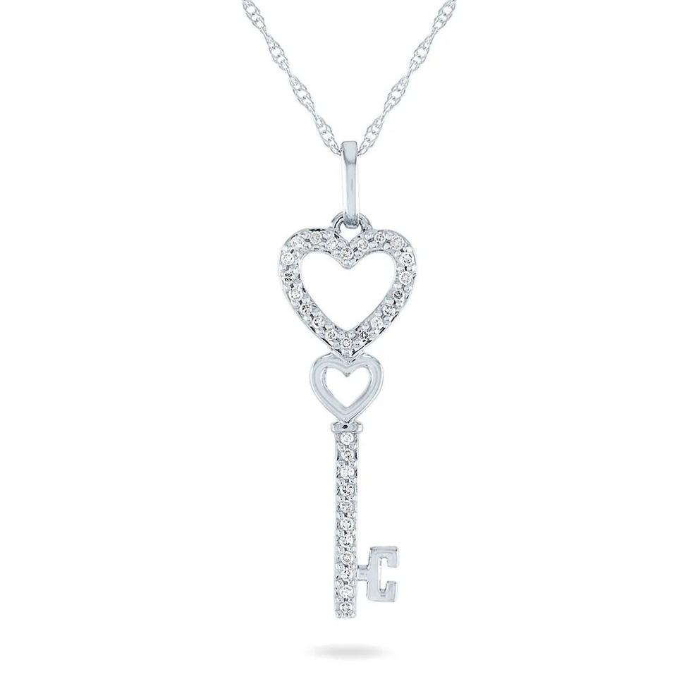 Diamond Heart Key Pendant in 10K White Gold – Image 1 of 3