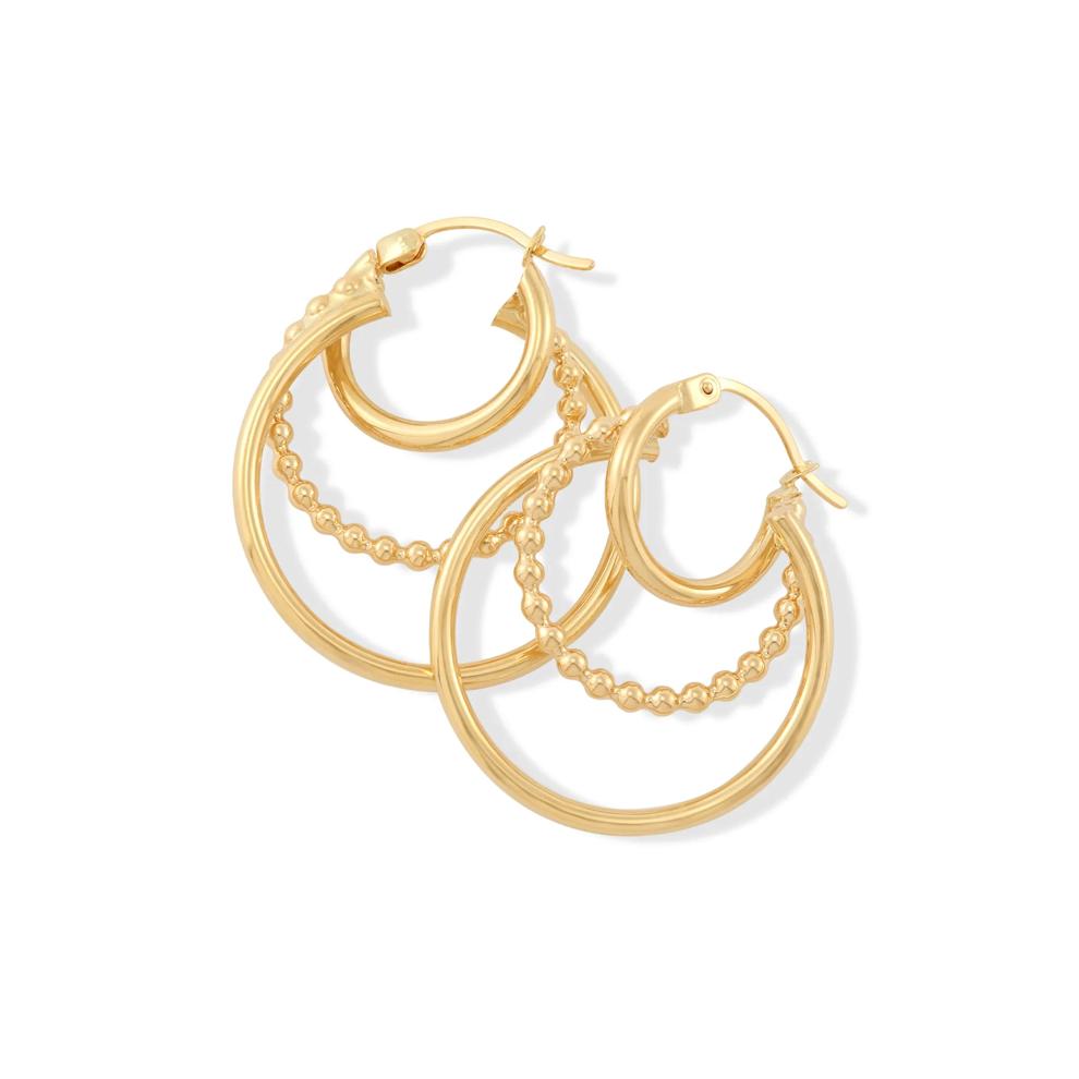 Triple Row Beaded &amp; Polished Hoop Earrings in 10K Yellow Gold, 30x26mm – Image 2 of 2