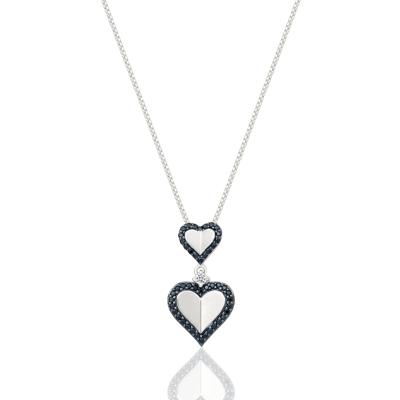Black and White Diamond Double Heart Pendant in Sterling Silver