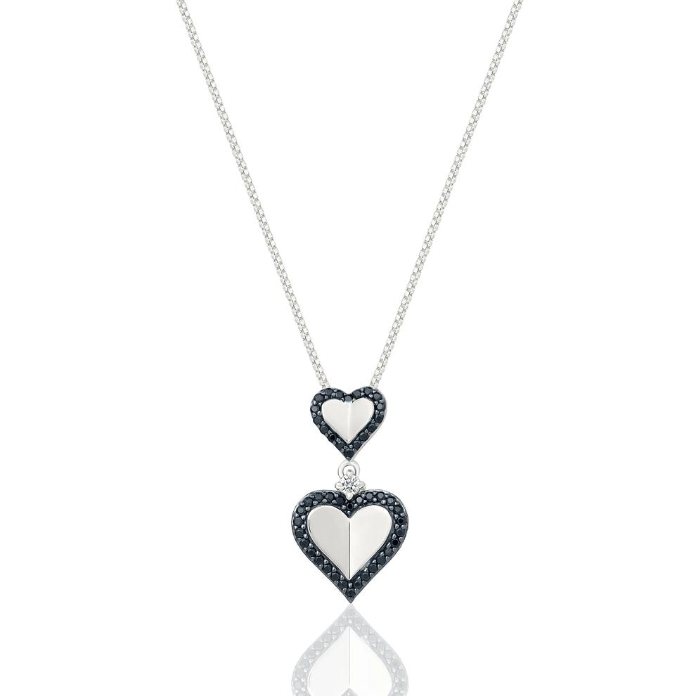 Black and White Diamond Double Heart Pendant in Sterling Silver – Image 1 of 3