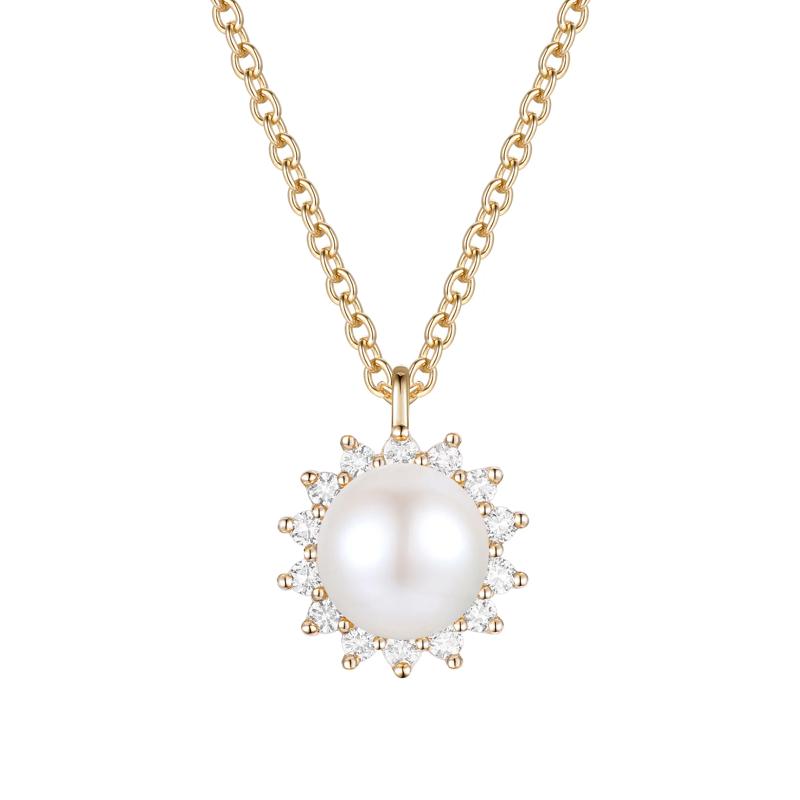 Freshwater Cultured Pearl and Diamond Halo Necklace in 10K Yellow Gold &#40;1/5 ct. tw.&#41; – Image 1 of 3