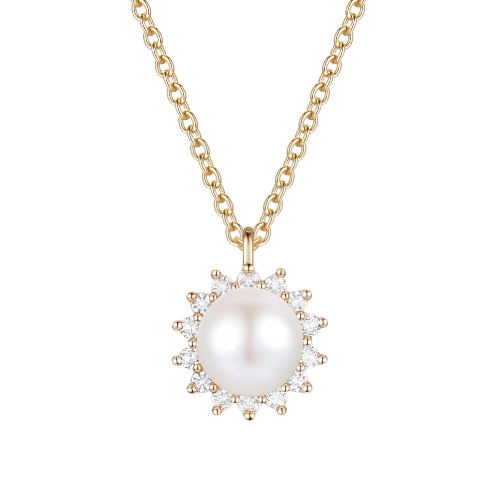 Freshwater Cultured Pearl and Diamond Halo Necklace in 10K Yellow Gold (1/5 ct. tw.) – Image 1 of 3