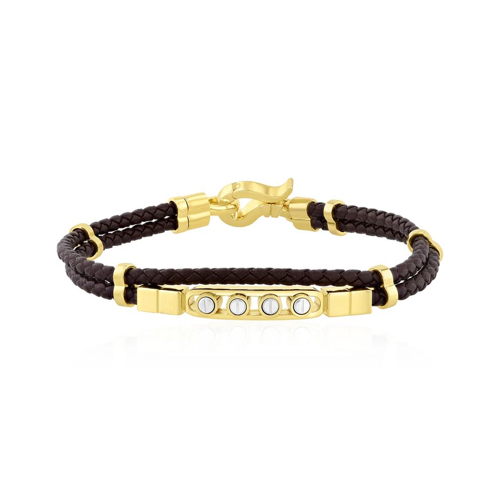 Men's Double Woven Brown Leather Screw Bracelet in Vermeil and Sterling Silver, 8.5" – Image 1 of 3