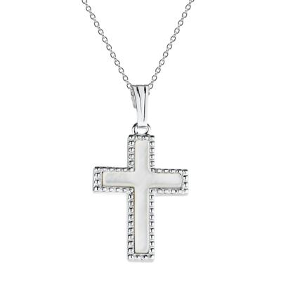 Bead-Edge Mother of Pearl Cross Pendant in Sterling Silver