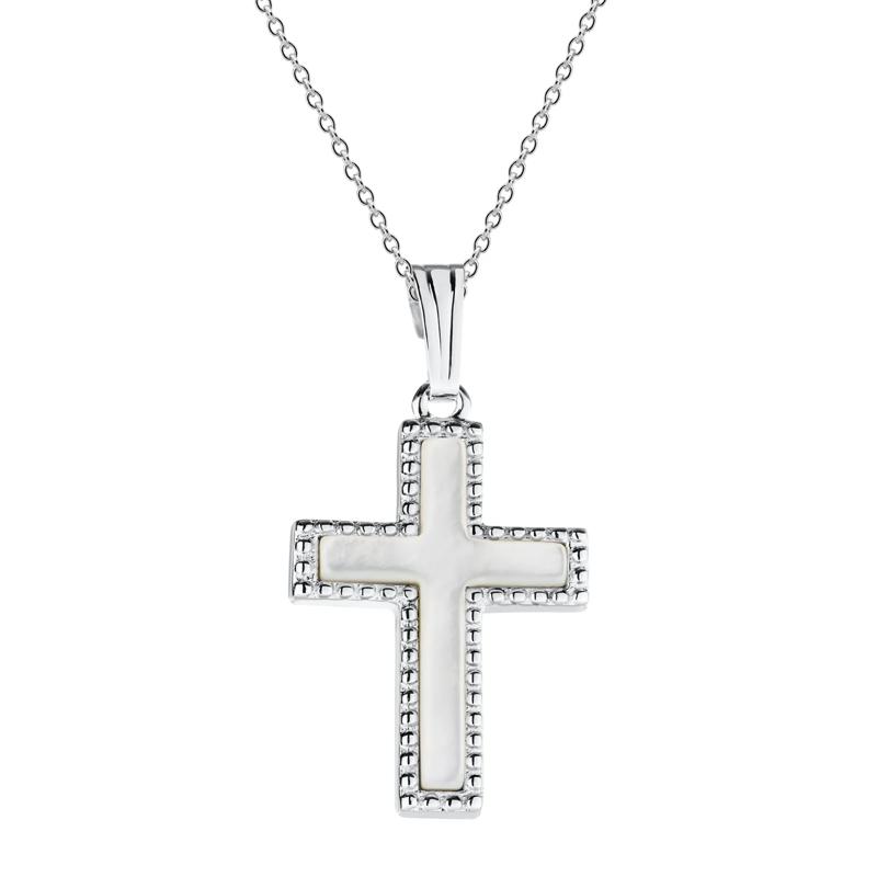 Bead-Edge Mother of Pearl Cross Pendant in Sterling Silver – Image 1 of 3