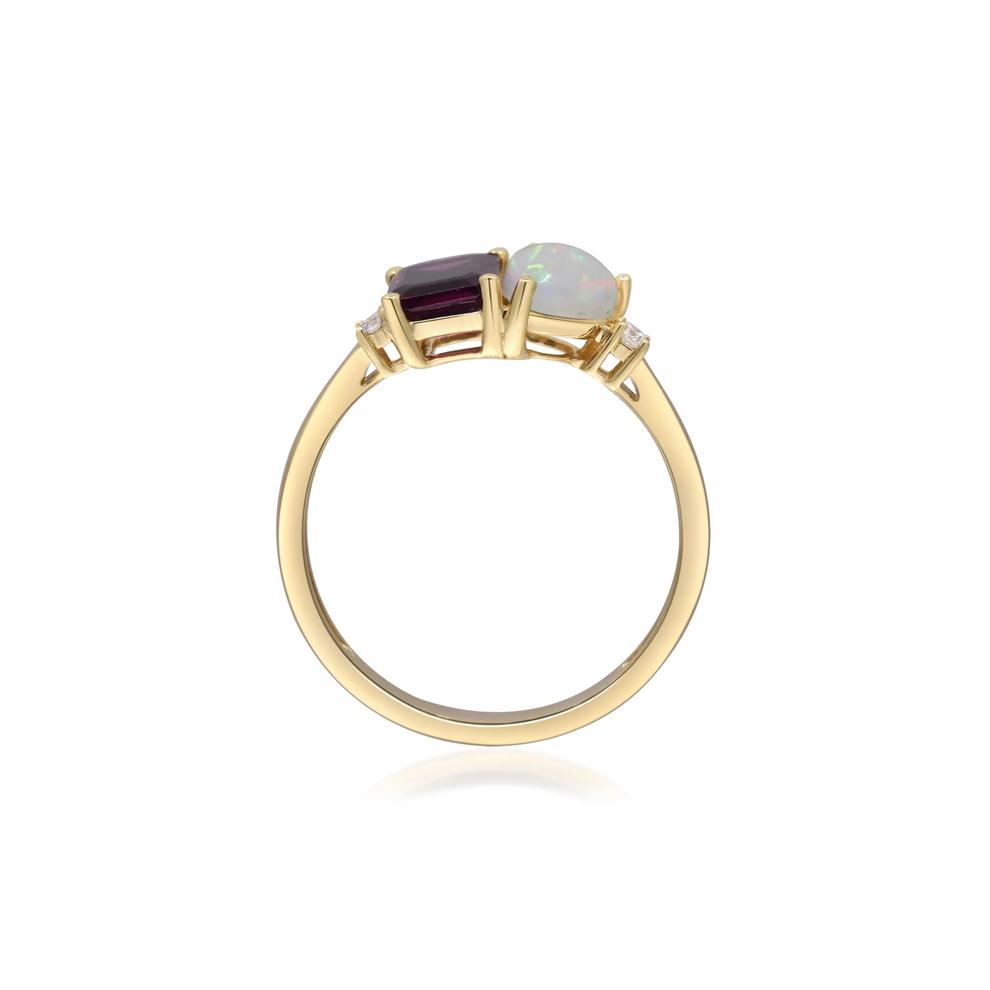 Opal, Rhodolite and Diamond Accent Toi et Moi Ring in 10K Yellow Gold – Image 2 of 5