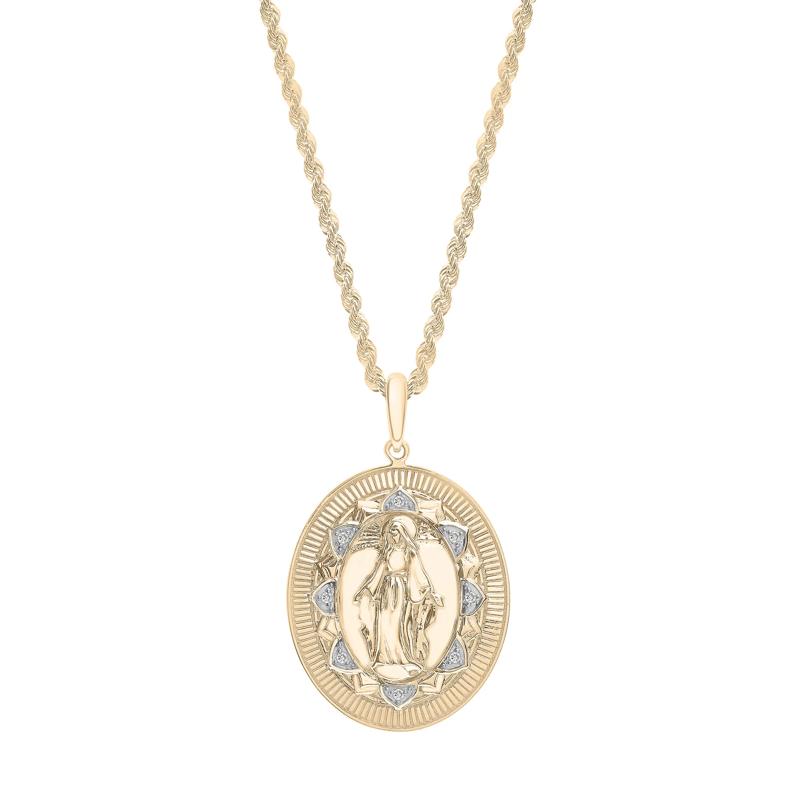 Men&#39;s Virgin Mary Diamond Medallion in 10K Yellow Gold, 22&quot; – Image 1 of 4