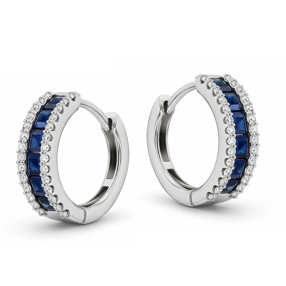 Blue Sapphire &amp; Diamond Hoop Earrings in 10K White Gold (1/4 ct. tw.) – Image 1 of 2