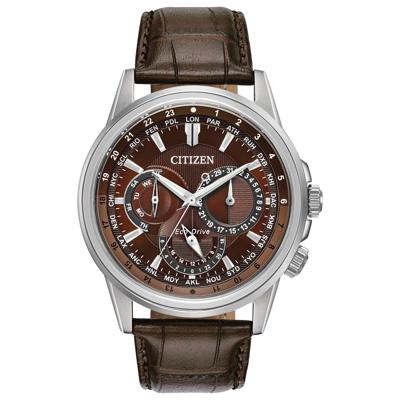 Men's Calendrier Watch in Brown Leather and Stainless Steel, 44MM