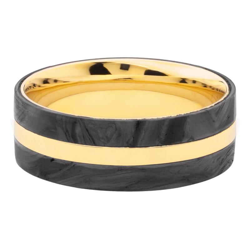 Men&rsquo;s Forged Carbon Inlay Wedding Band in 14K Yellow Gold, 8MM – Image 1 of 3