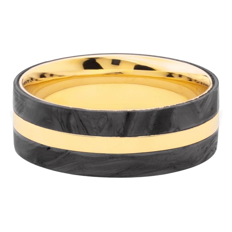 Men&rsquo;s Forged Carbon Inlay Wedding Band in 14K Yellow Gold, 8MM – Image 1 of 3