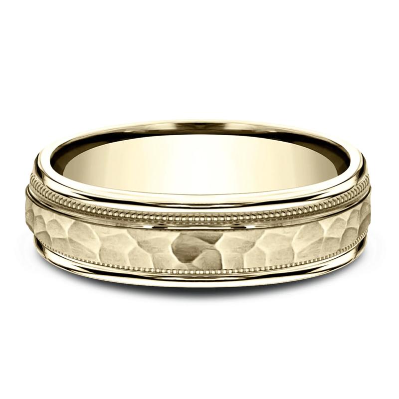 Men&rsquo;s Hammered Milgrain Wedding Band in 14K Yellow Gold, 6MM – Image 1 of 3