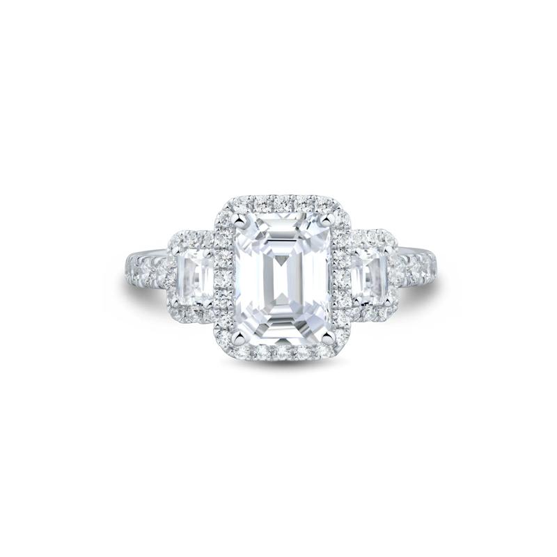 Emerald-Cut Diamond Three-Stone Halo Engagement Ring in 14K White Gold &#40;3 ct. tw.&#41; – Image 1 of 3