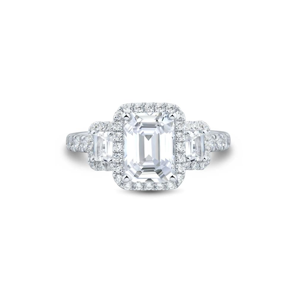 Emerald-Cut Diamond Three-Stone Halo Engagement Ring in 14K White Gold (3 ct. tw.) – Image 1 of 3