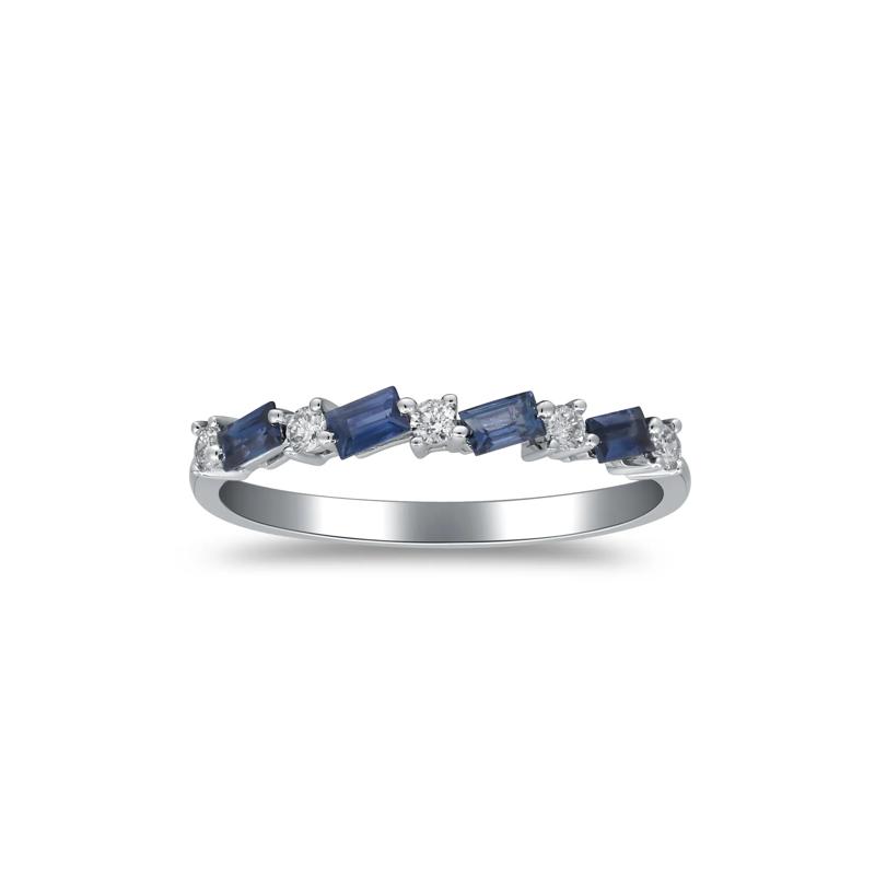 Baguette Blue Sapphire and Diamond Band in 10K White Gold &#40;1/8 ct. tw.&#41; – Image 1 of 5