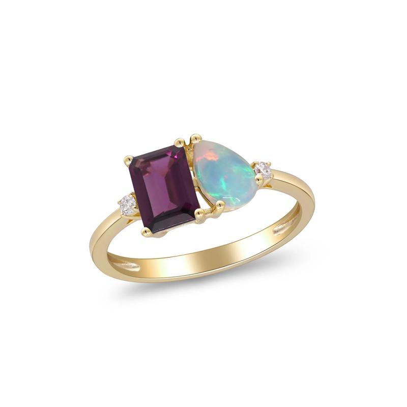 Opal, Rhodolite and Diamond Accent Toi et Moi Ring in 10K Yellow Gold – Image 5 of 5
