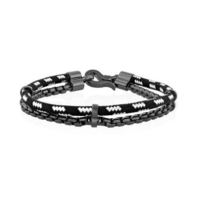 Men's Black and White Nylon Cord and Black Rhodium-Plated Sterling Silver Box Chain Bracelet
