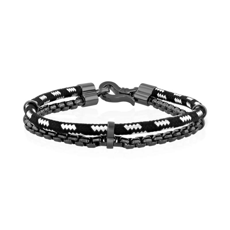 Men&#39;s Black and White Nylon Cord and Black Rhodium-Plated Sterling Silver Box Chain Bracelet – Image 1 of 2
