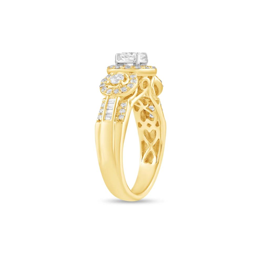 Diamond Round Halo Three-Stone Ring in 14K Yellow &amp; White Gold (1 ct. tw.) – Image 3 of 4