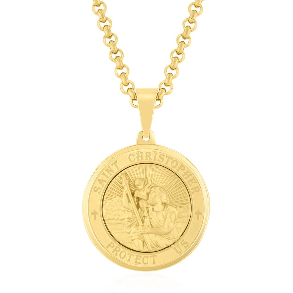 St. Christopher Medallion Pendant Necklace in Yellow Ion-Plated Stainless Steel – Image 1 of 3